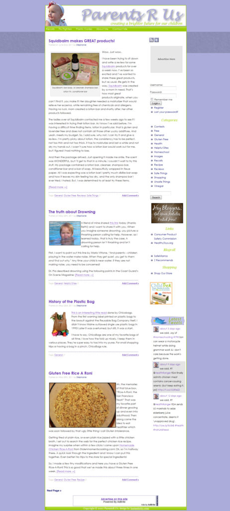 Blog page about parenting and product reviews.
