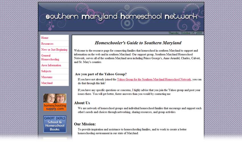 Southern Maryland homeschool network homepage screenshot