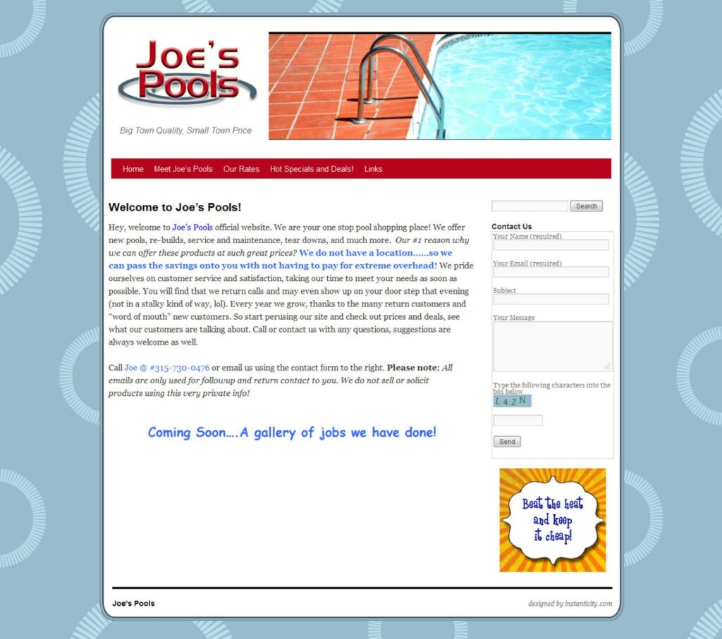 Screenshot of Joe's Pools website with pool services information.