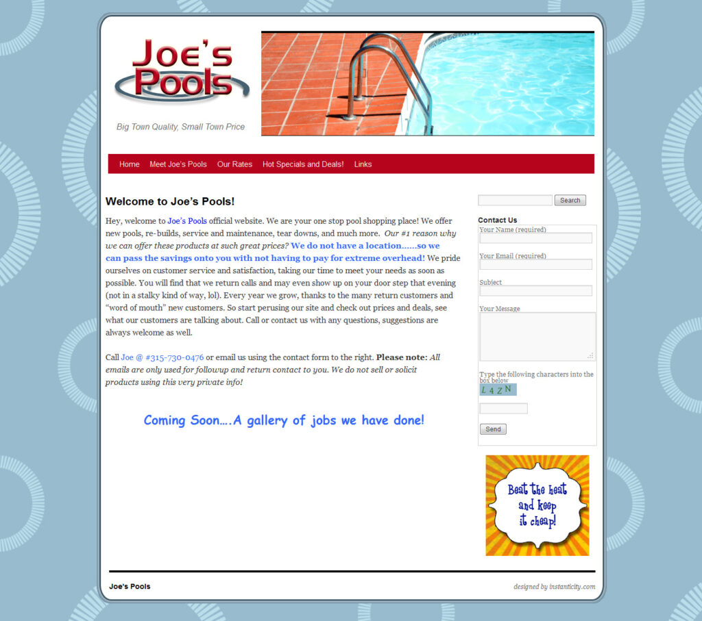 Joe's Pools welcome page with contact information.
