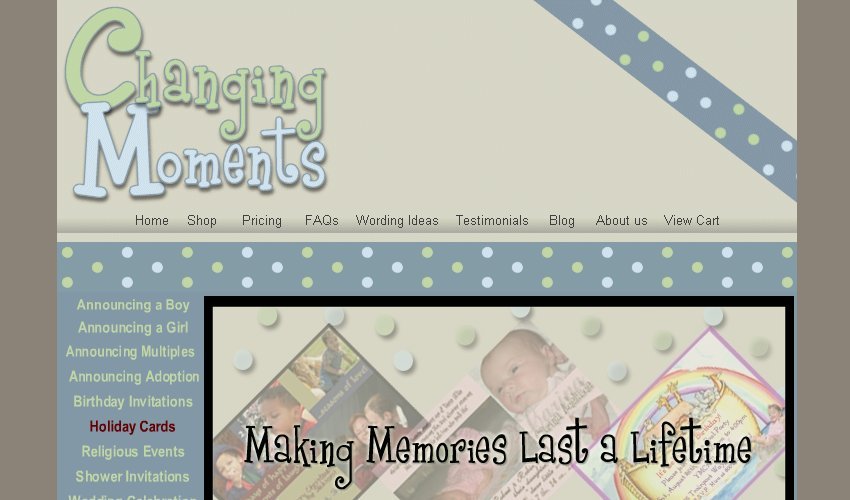 Website preview with logo, navigation bar, and greeting cards.