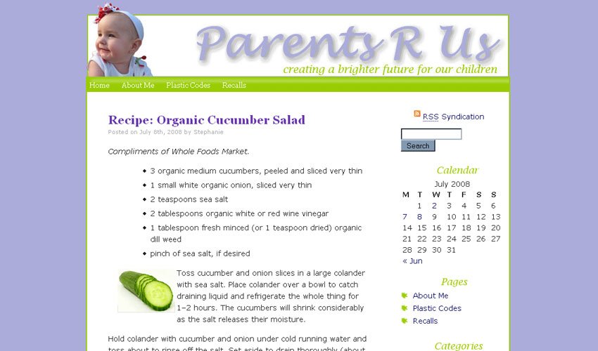 Screenshot of a recipe blog titled Parents R Us.