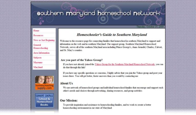 Southern Maryland Homeschool Network website homepage