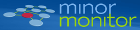 Minor Monitor logo with stylized network graphic on blue.