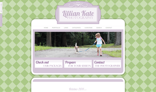 Child walking dog on trail, photography website interface.