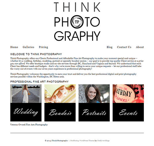 Screenshot of Think Photography website homepage.