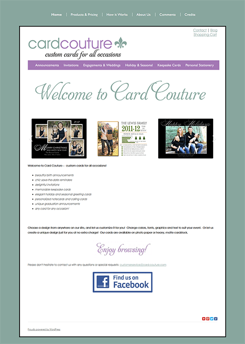 Screenshot of Card Couture website homepage showcasing custom cards.