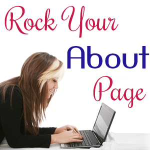 Woman typing on laptop, "Rock Your About Page" text.