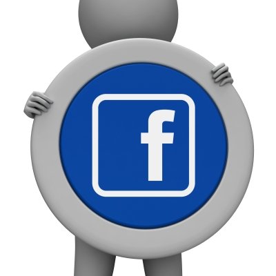 3D figure holding large Facebook logo sign.