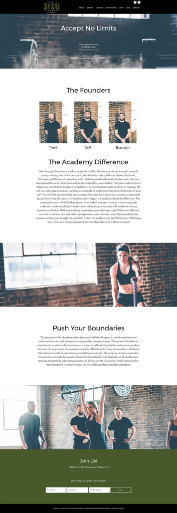 Sisu Strength Academy homepage featuring founders and training.