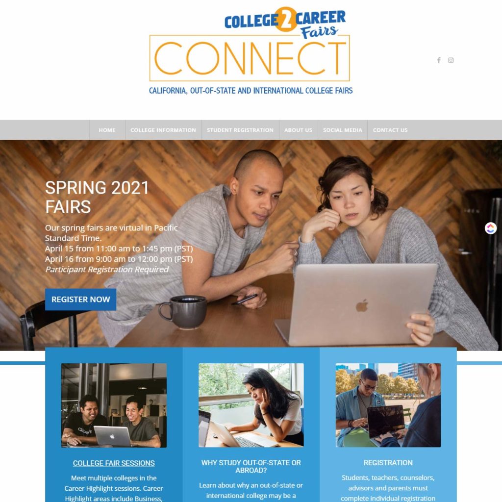 screenshot of college2careerfairsconnect.org