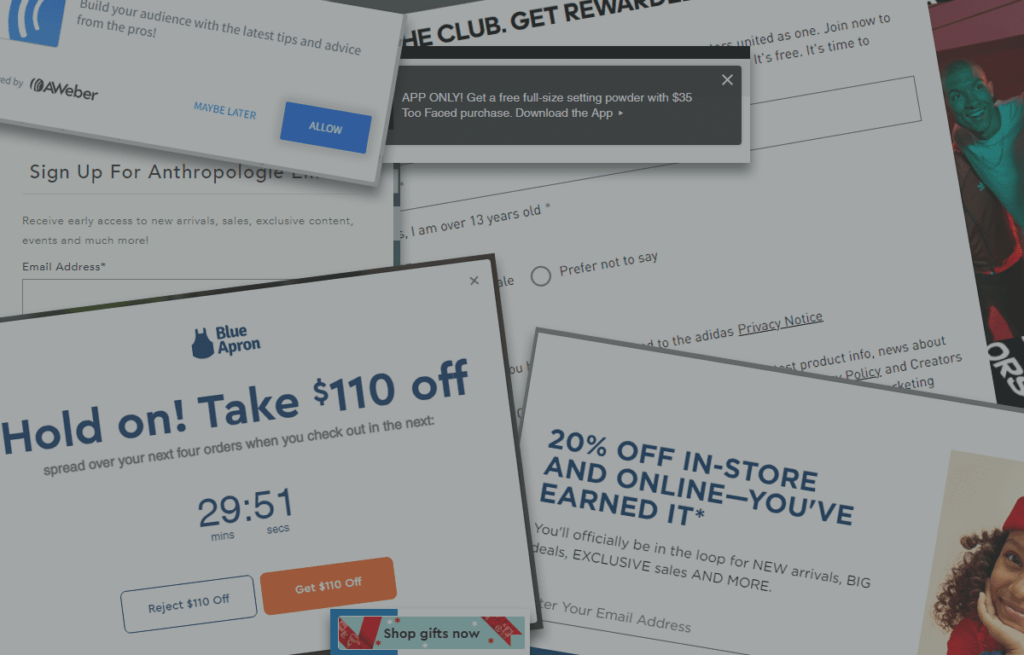 Various overlapping online marketing pop-up ads.