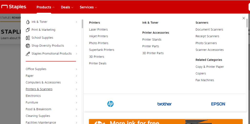 Screenshot of Staples.com mega menu