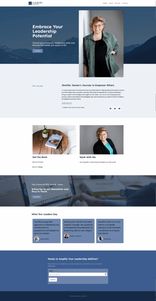 Leadership coaching website homepage featuring Jennifer Jensen