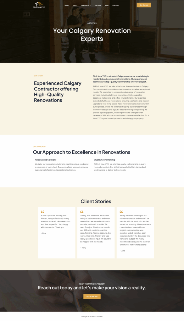 Calgary renovation company website homepage with contractors working