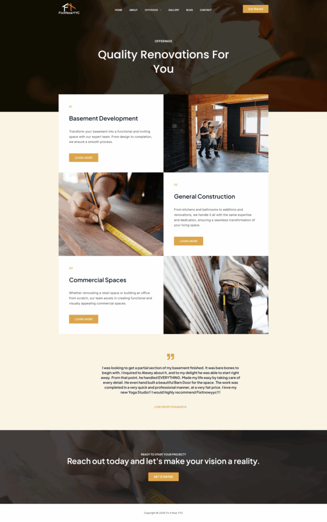 Home renovation services website with project showcase