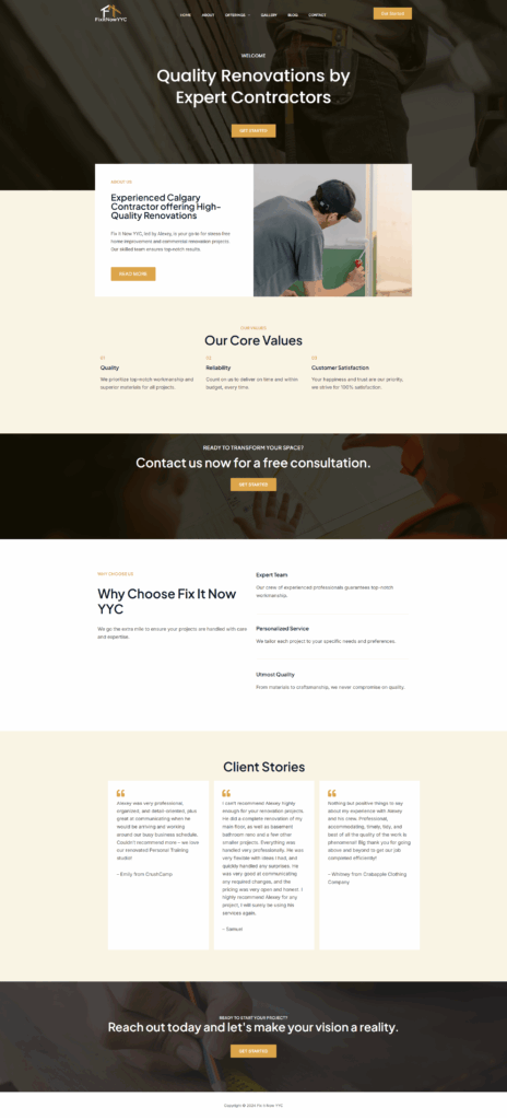 Home renovation contractor website homepage design
