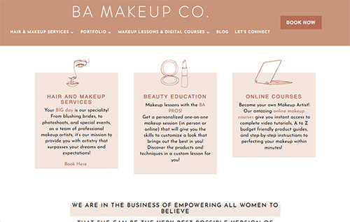 BA Makeup Co. website offering beauty services and education.