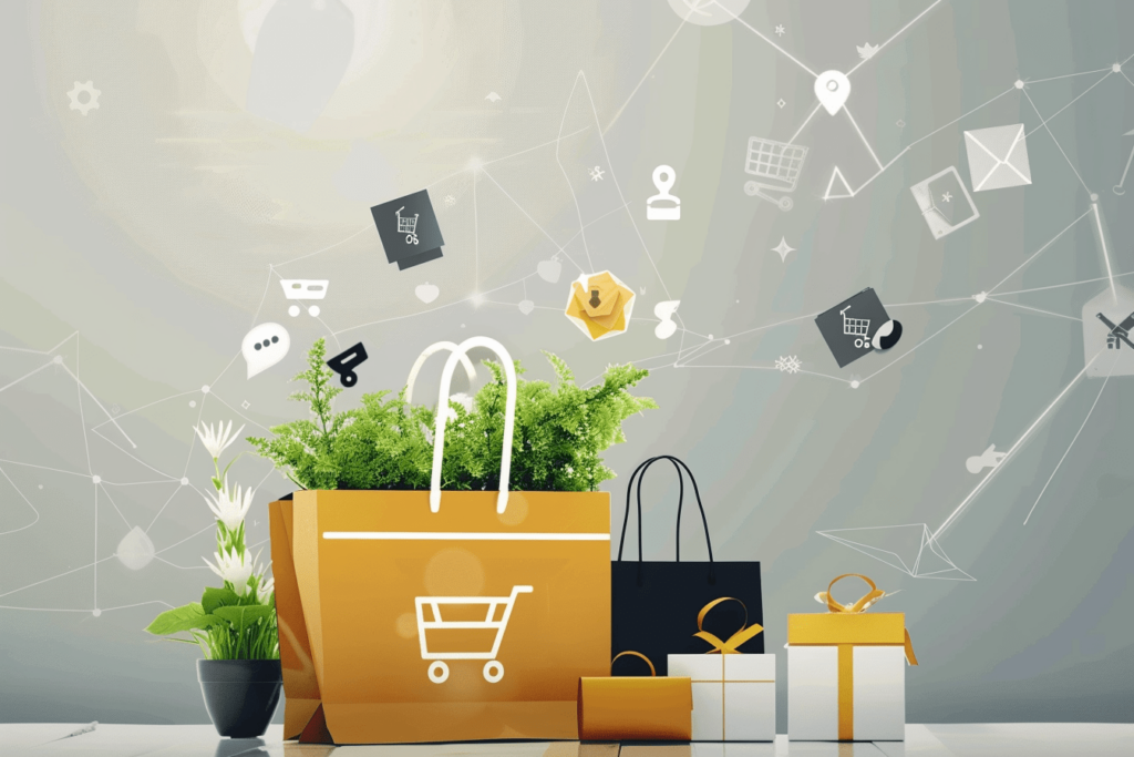 Creative digital shopping concept with floating icons and bags.