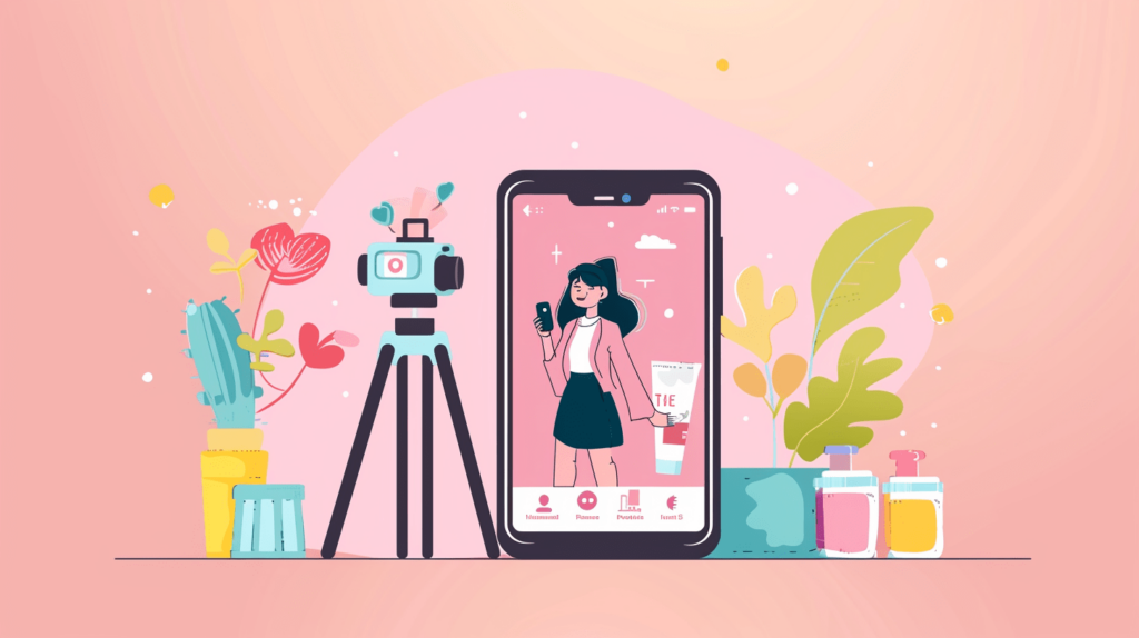 Woman creating content for beauty products on smartphone.