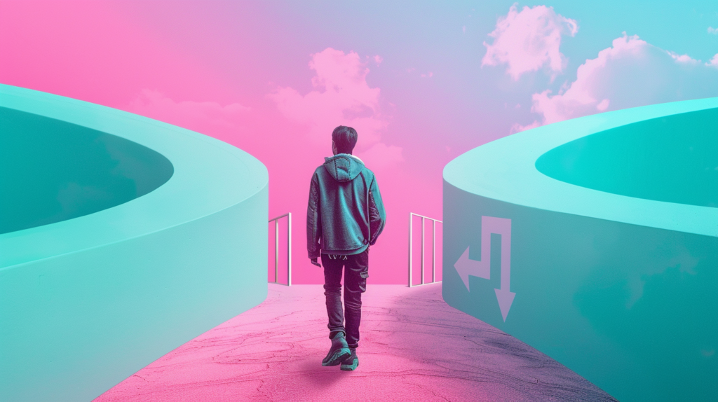 Man choosing path at surreal colorful crossroad.