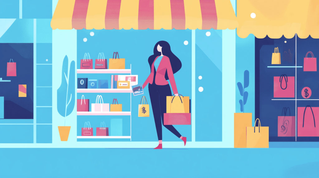 Woman shopping with bags outside colorful store