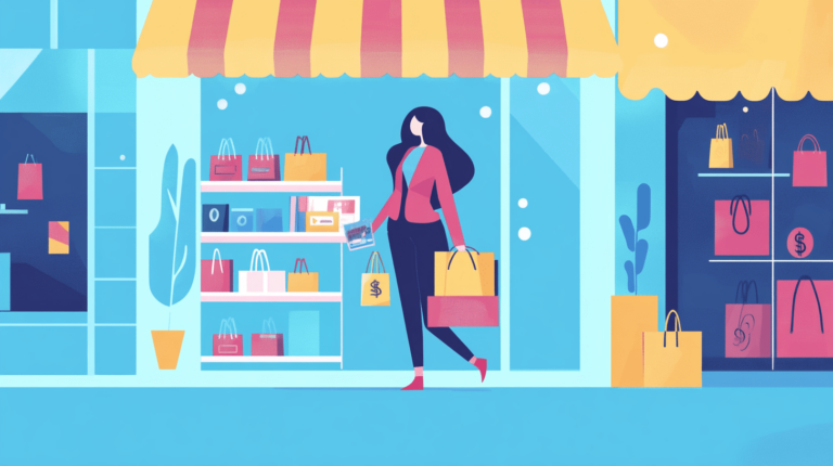 Woman shopping with bags outside colorful store