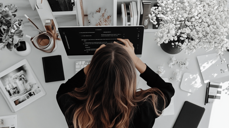 Woman working at a computer desk with flowers.