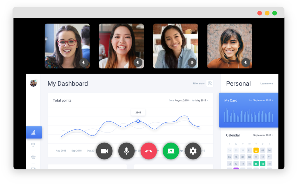 Video call interface with user dashboard and analytics.