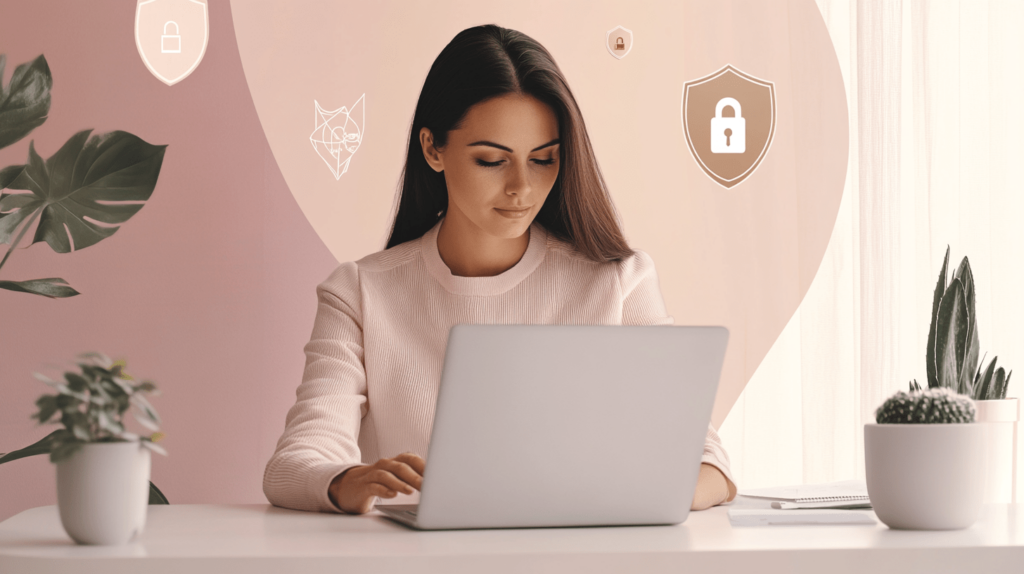 Woman working on laptop, icons in background