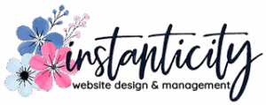 Instanticity logo with pink and blue flowers