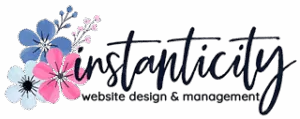 Instanticity logo with pink and blue flowers