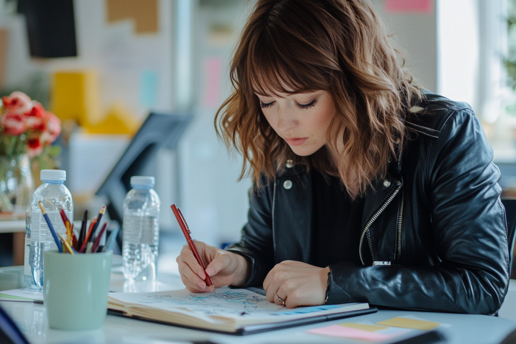 Woman sketching ideas in art journal