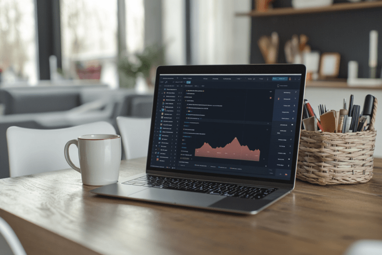 Laptop displaying graphs on desk in modern office