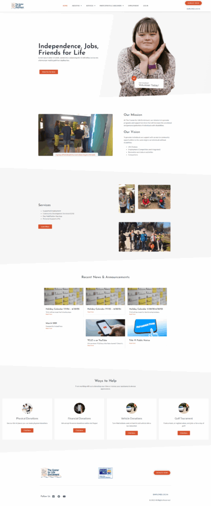 Nonprofit homepage featuring smiling woman and services overview