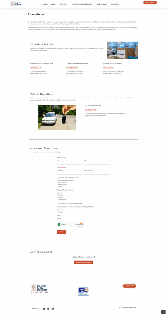 Nonprofit donations webpage with form and images
