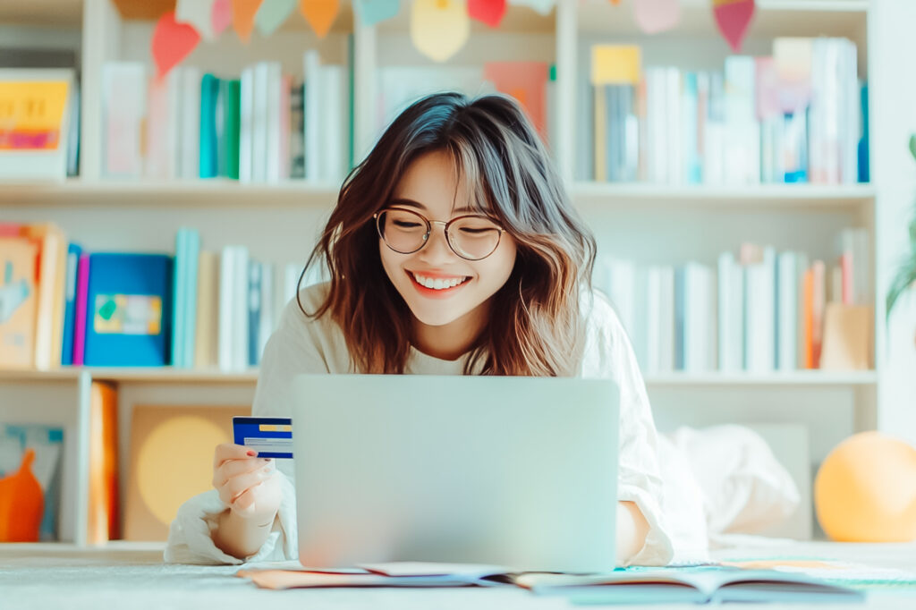 Smiling woman shopping online with credit card