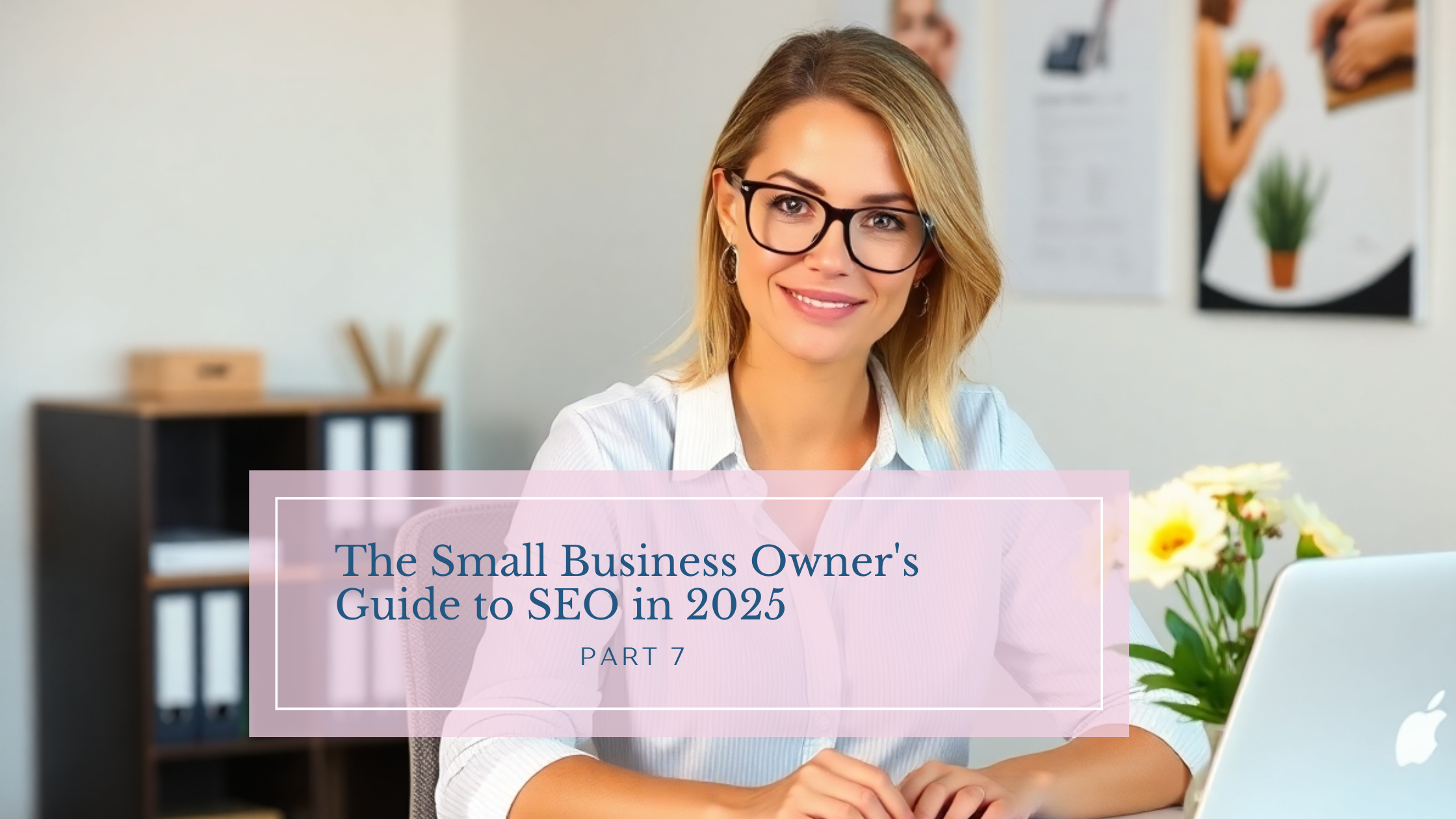 Businesswoman presenting SEO guide 2025, office setting