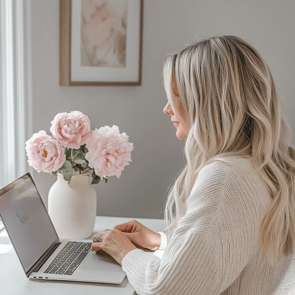 Woman working on laptop beside pink peonies