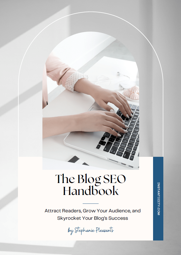 Woman typing on laptop for 'The Blog SEO Handbook' cover