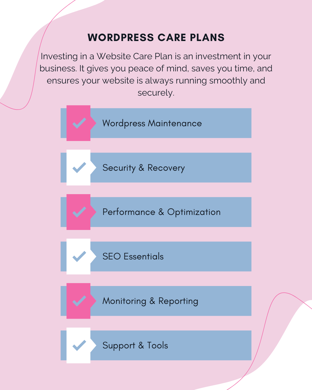 Infographic of WordPress Care Plans and services offered.