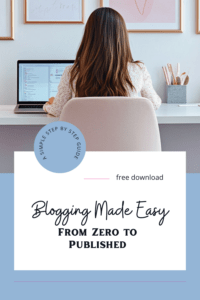 Woman using laptop, blogging guide advertisement