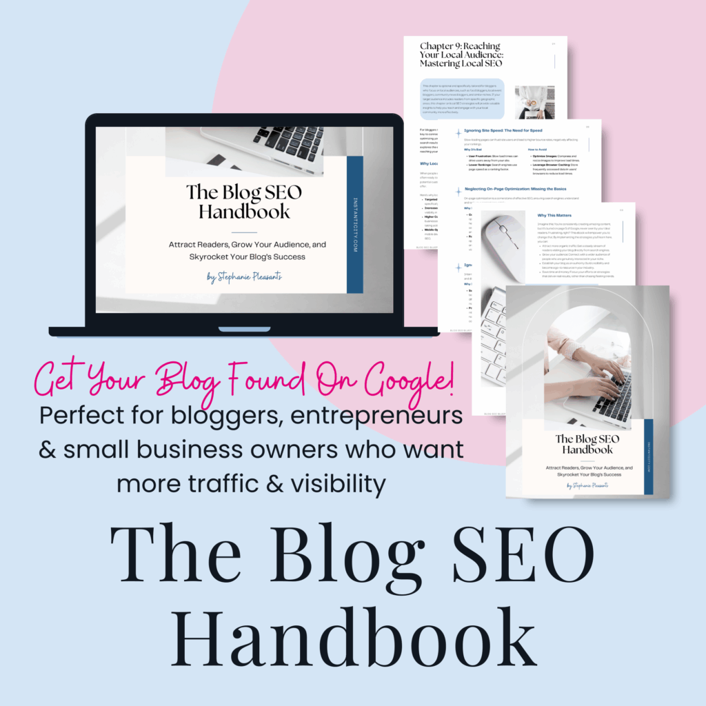 The Blog SEO Handbook cover page and content preview.