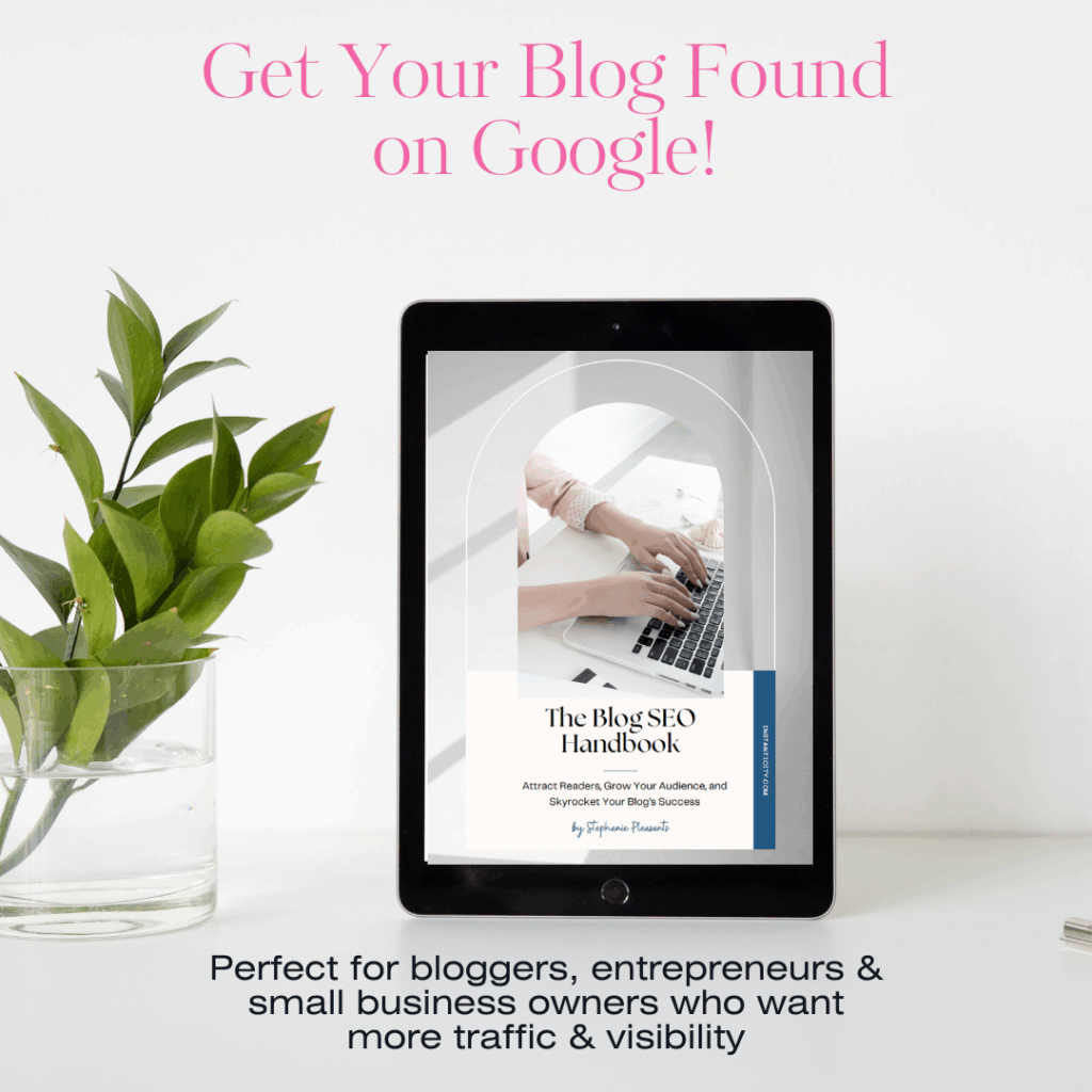 Tablet displaying blog SEO handbook cover.