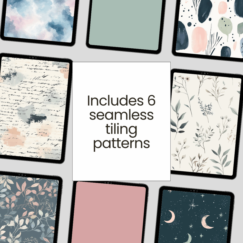 Six seamless tiling pattern designs displayed.