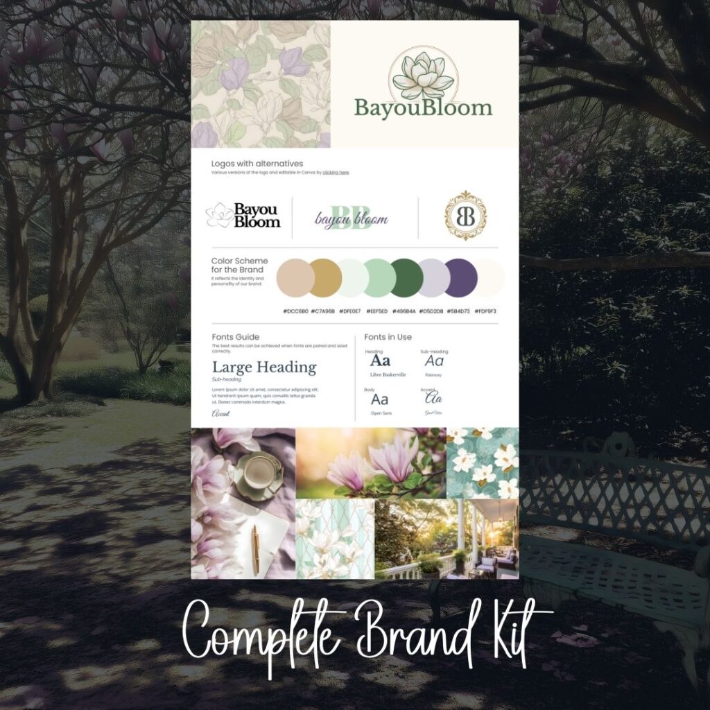 BayouBloom branding kit with logos, colors, fonts.