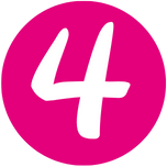 White number four on pink circle background.