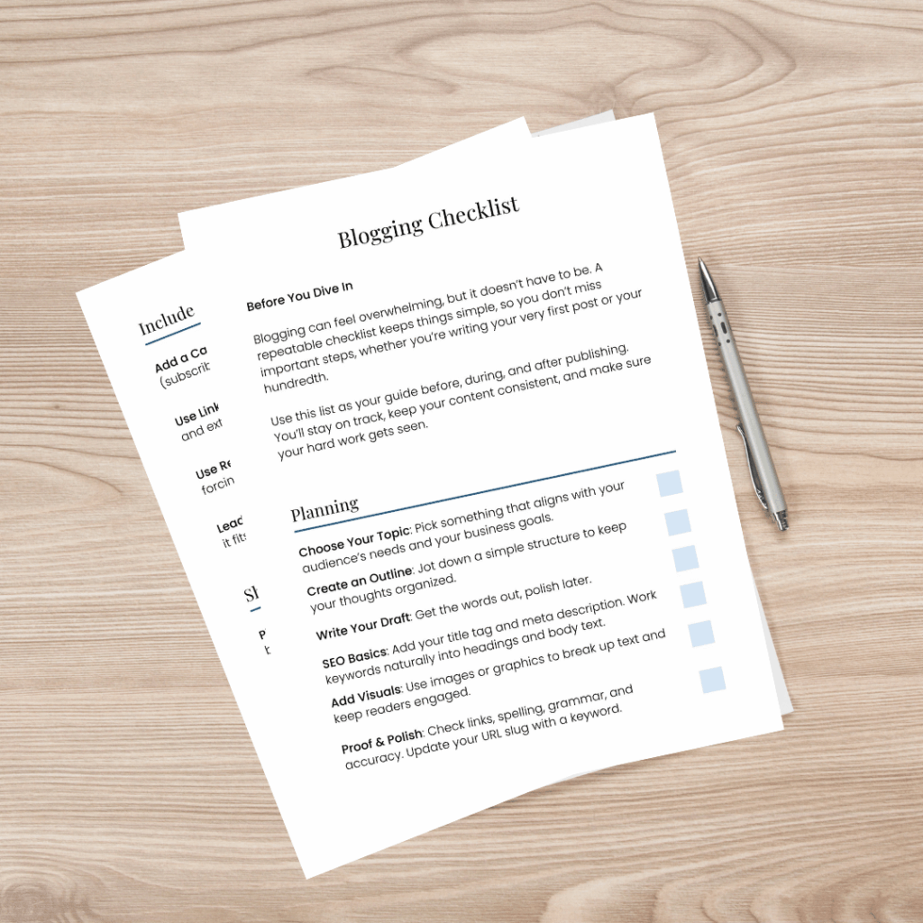 Blogging checklist with pen on wooden desk.