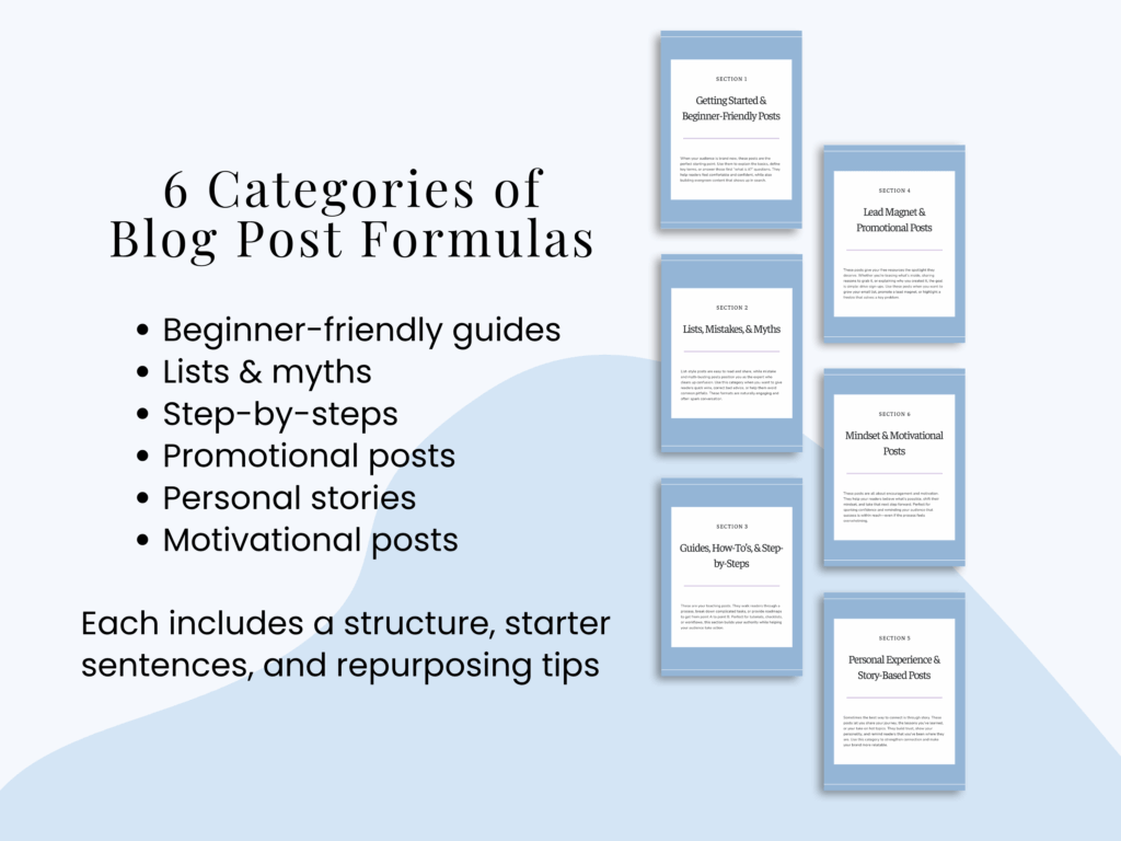 Six blog post formula categories overview.