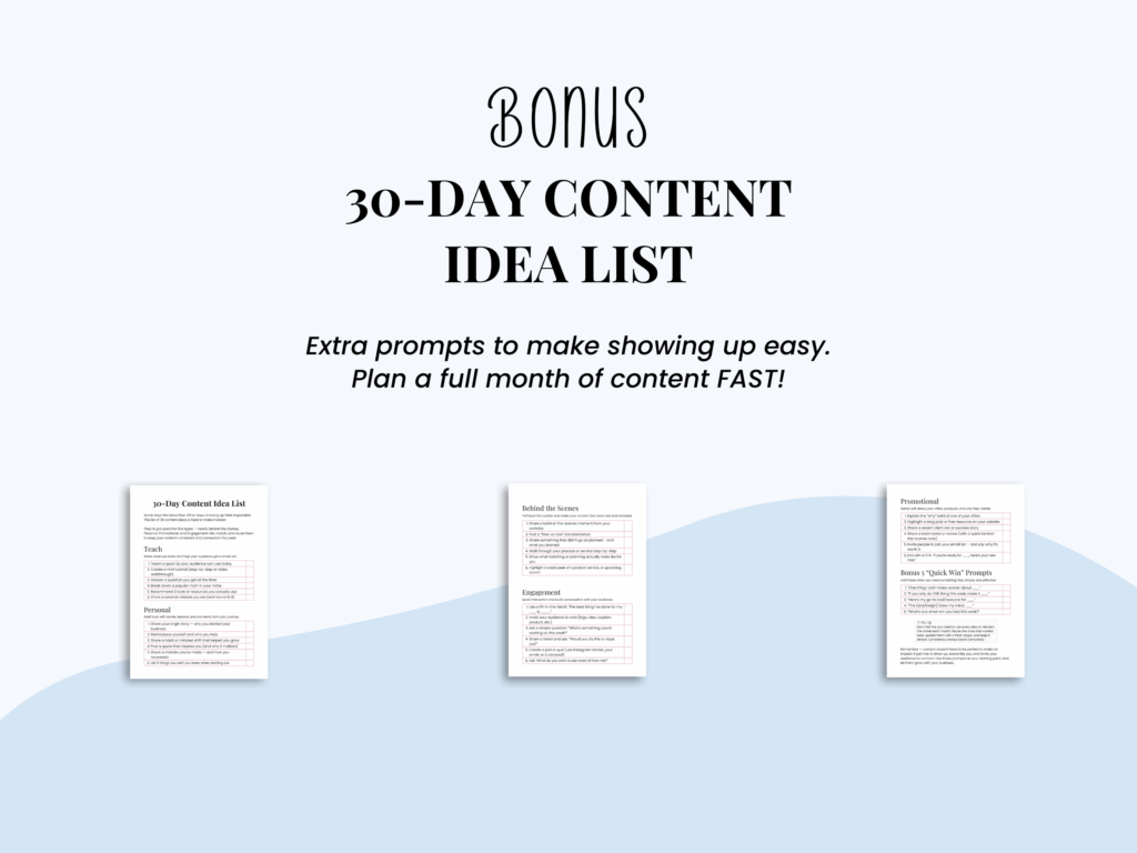 Bonus 30-day content idea list preview.